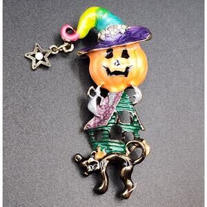 Haunted House Brooch Pumpkin Witch Hat Cat Ghosts Enamel Rhinestone